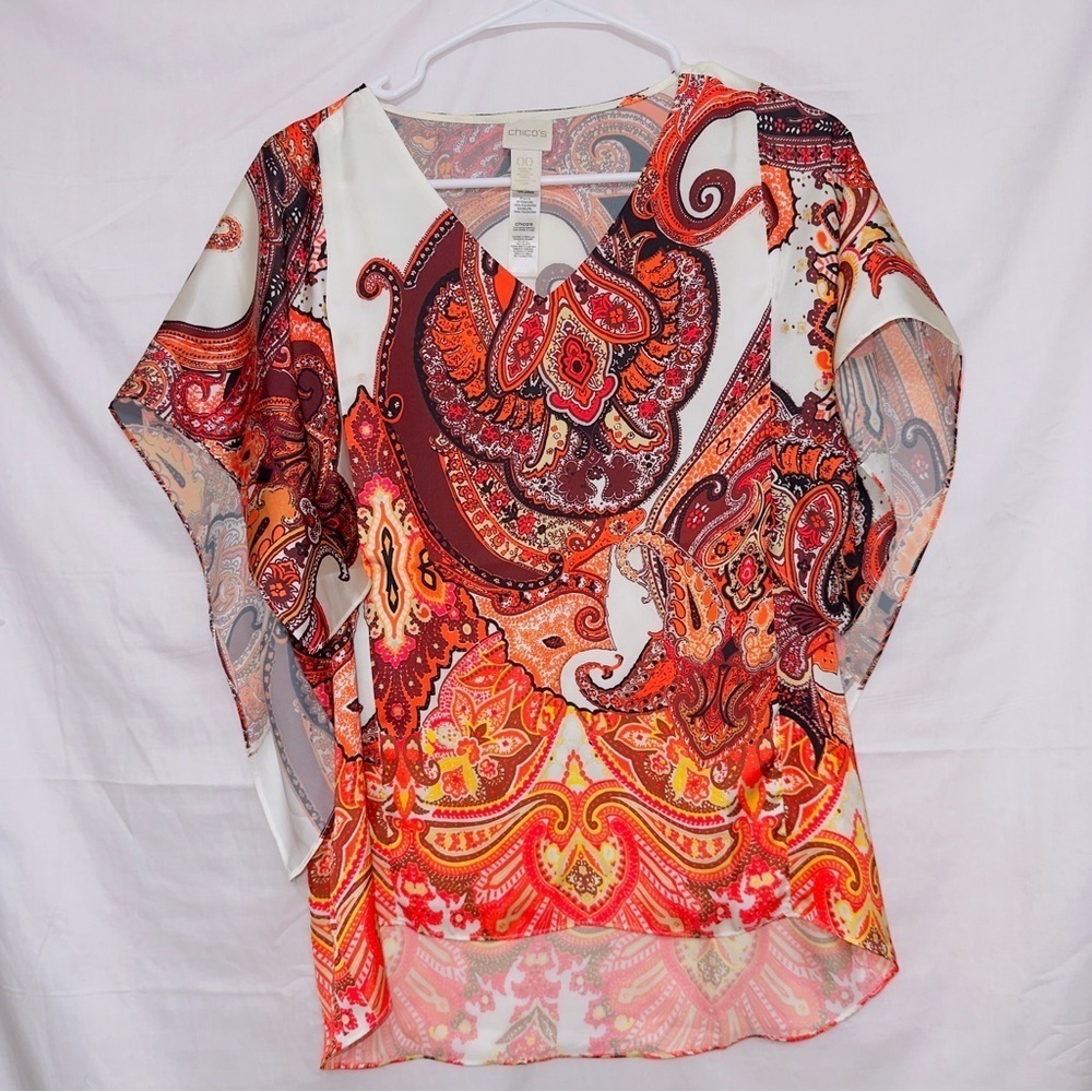 Chico's Geometric Print V Neck Butterfly Sleeve Kimono Style Top size XS
